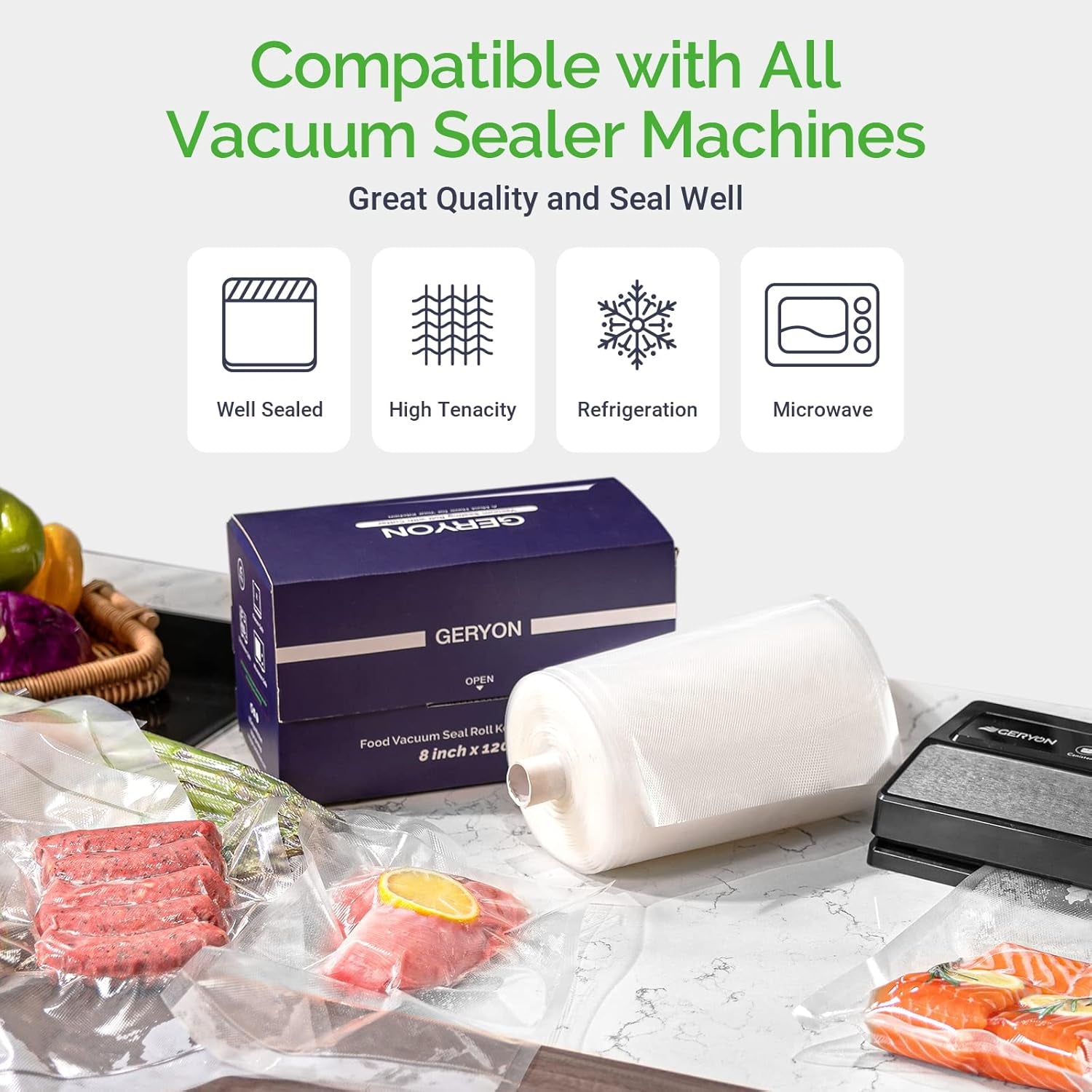 Vacuum Sealer Bags for Food, 8X120Ft Rolls with Slide Cutter for All Vacuum Sealer Machine, Bpa-Free, Safe for Food Storage, Meal Prep and Sous Vide