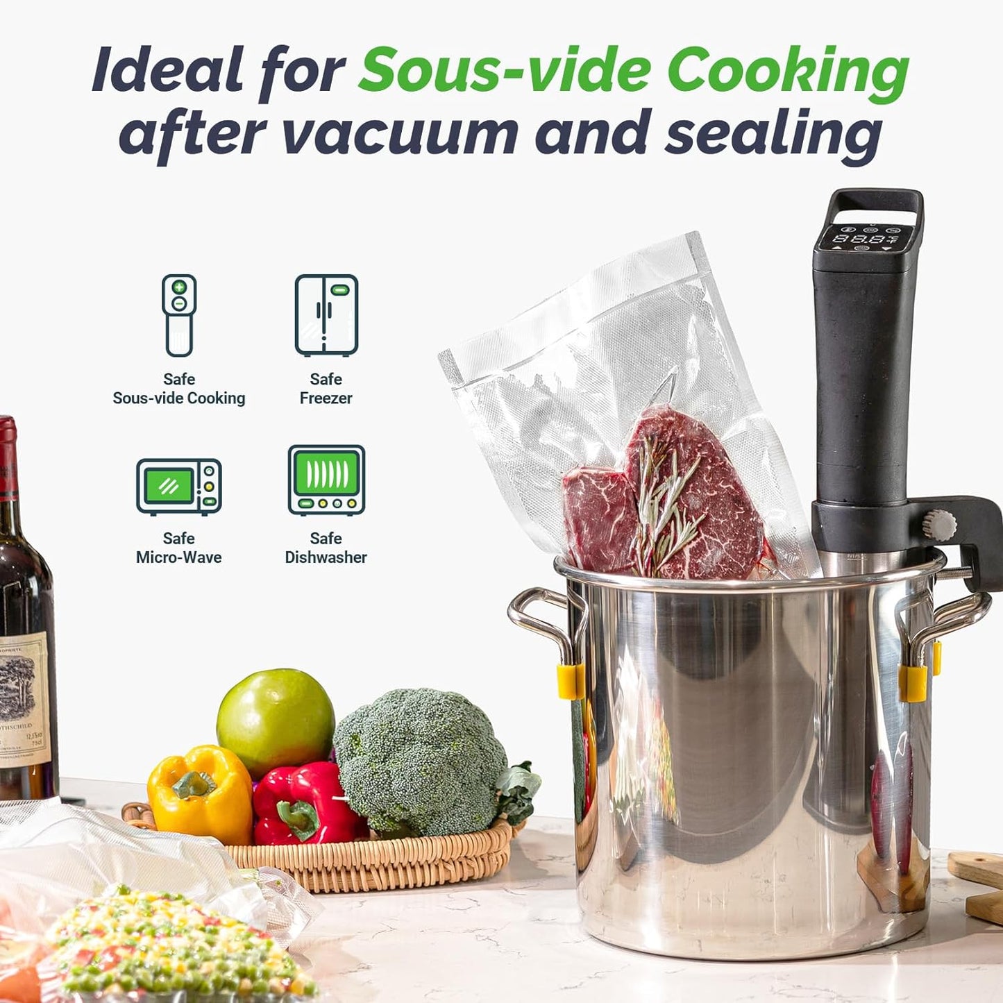 Vacuum Sealer Bags for Food, 8X120Ft Rolls with Slide Cutter for All Vacuum Sealer Machine, Bpa-Free, Safe for Food Storage, Meal Prep and Sous Vide
